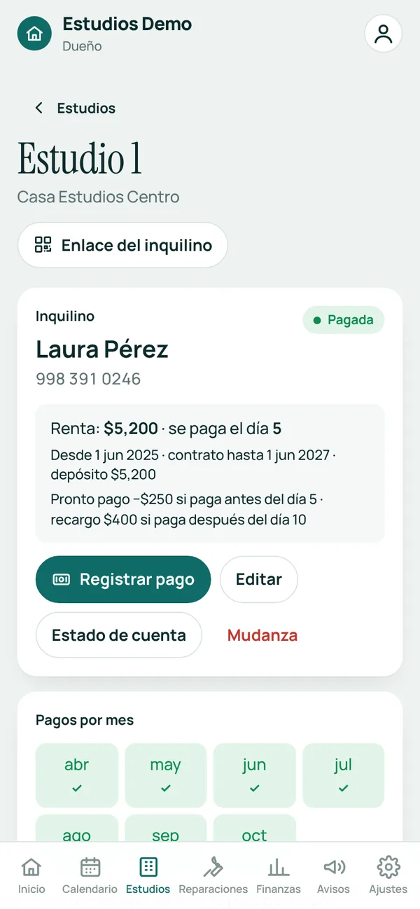 Detalle de un estudio: inquilina, renta y día de pago, contrato, depósito, reglas de pronto pago y pagos por mes